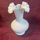 Vintage Fenton White Milk Glass Vase Hobnail Ruffled Double Crimped 10.5" Tall