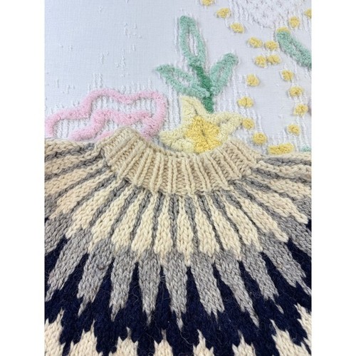 Vintage Hand Knit Wool Nordic Fair Isle Sweater Grey Cream Navy Sunburst Yoke, $50 - Photo 7