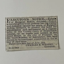 Executor's Notice Estate of Margaret McKee 1876 Freeport IL Clipping SAJ2-S76