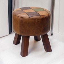 Round Vintage Brown Tan Leather Footstool– Pommel Style Footstool with Wood Legs