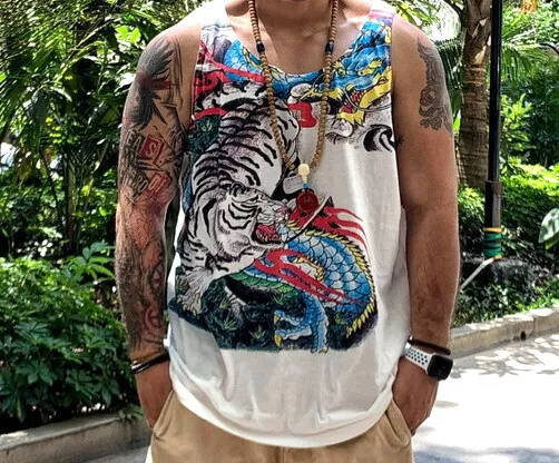 Mens Tank Top Japanese Pattern Tattoo Printing Dragon Tiger Sleeveless T- Shirt