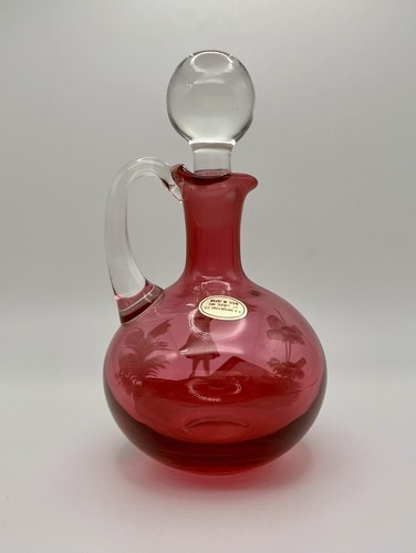 Vintage Hand Blown Cranberry Glass Cruet Hand Painted W/Ground Stopper - Picture 5 of 11