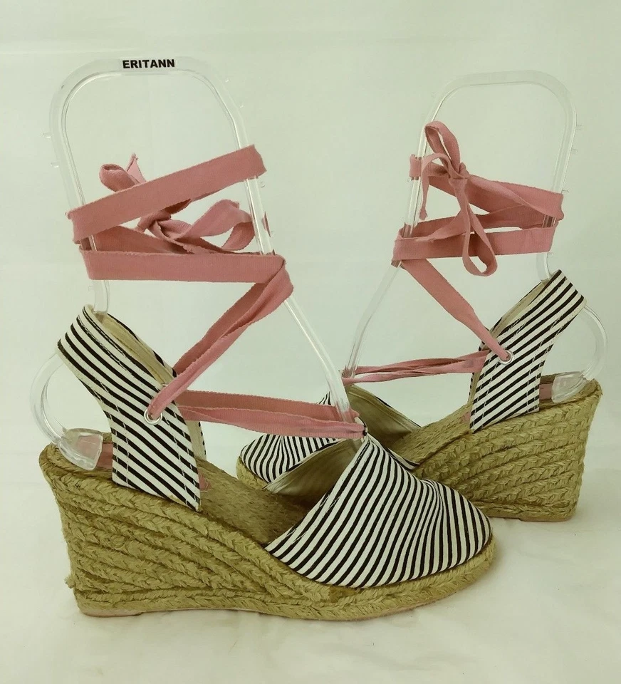 GAP Mujer Zapatos Tacones EE. UU. 7 Rosa Atar Blanco Negro Rayas Cuña Alpargatas 159 Foto 3 de 4