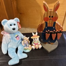 Lot Of 4 Miscellaneous Bunnies One Is Beanie Brand One Is Wood 2 Are Resign