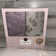 Modern Expressions Scarf Set, 2 Scarfs Leopard Print Paisley Gold Pink NEW