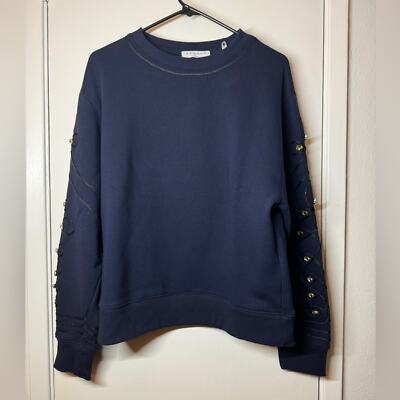 Sandro Natty Embroidered Rhinestone Dark Navy Blue Pullover Crewneck Sweater 2