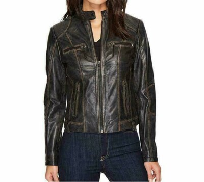 Women's Café Racer Moto Biker Distressed Black Vintage Real Leather Retro Jacket