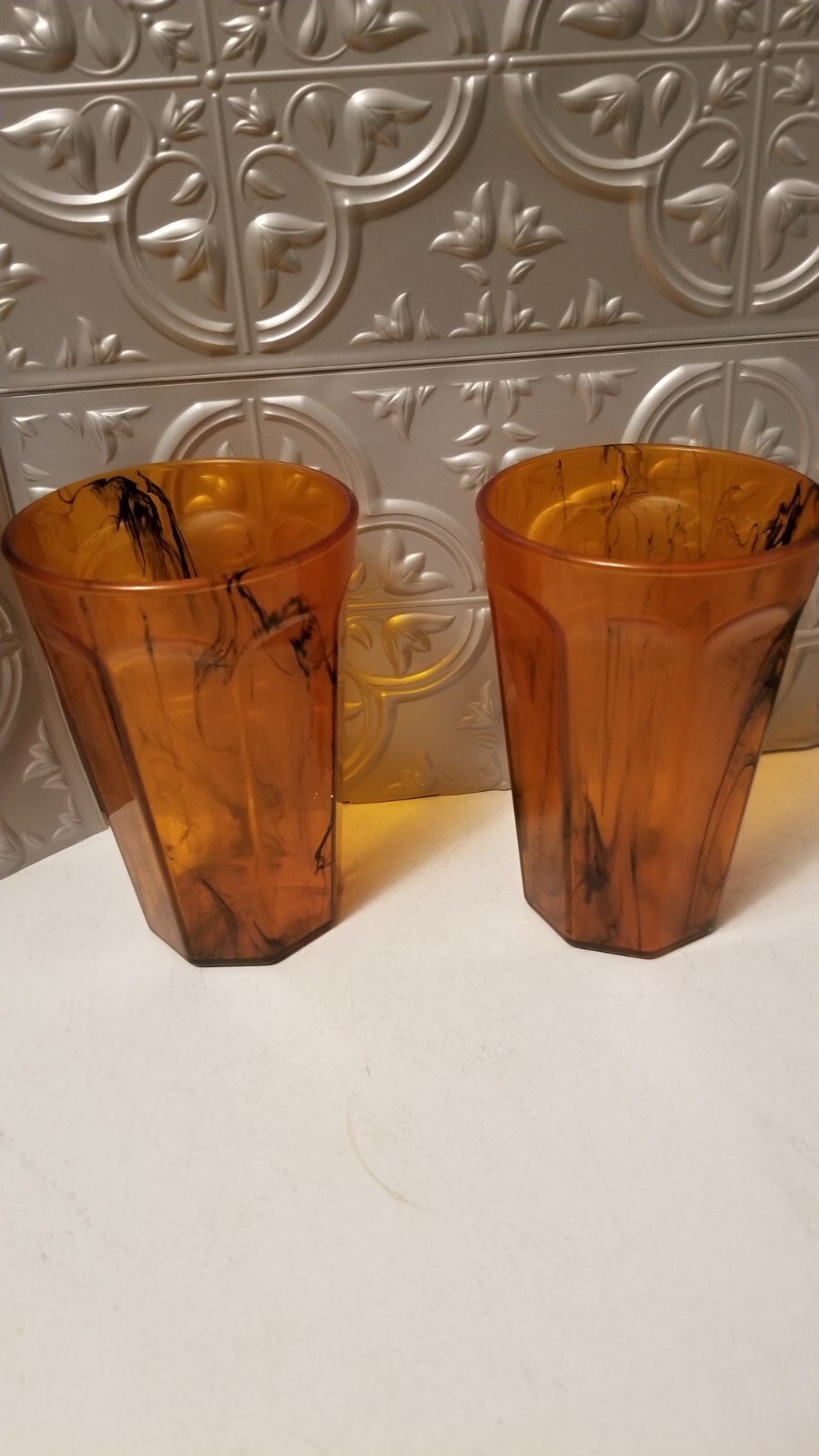 Set of 2 Durable Vintage Plastic Glasses Cup Tumblers 16 oz Amber Marbled 1970s