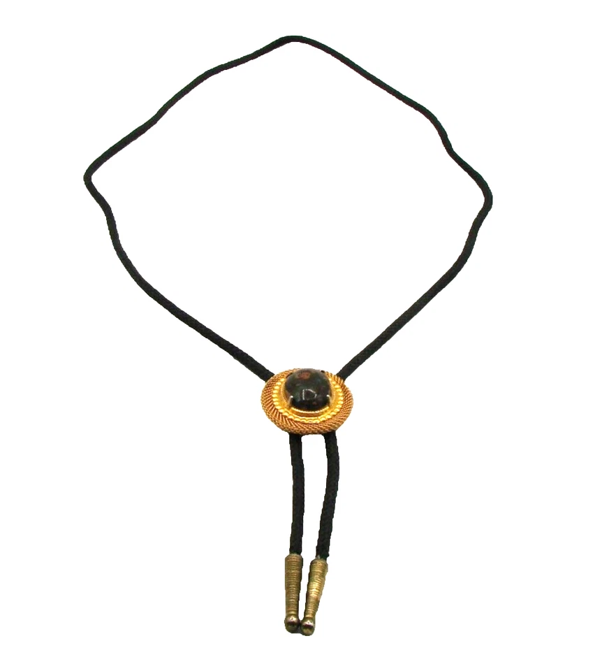 Галстук-боло из натурального камня кабошон овальный золотистый слайд латунные наконечники черный шнур винтажный - Изображение 3 из 4