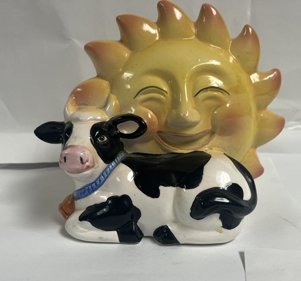 Vintage Unmarked Painted Ceramic Cow and Smiling Sun Coin Bank
