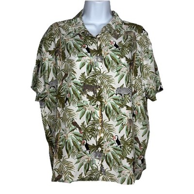 Jane Delancey Button Up Shirt Size L White Safari Tropical Jungle Animal Print