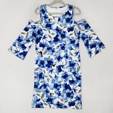 Calvin Klein Dress Womens 10 Blue White Floral Cold Shoulder Knee Length Classic