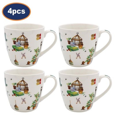 4er Set Green Fingers Fine China 450ml Becher Kaffee Tee Garten Motiv Runde Tassen