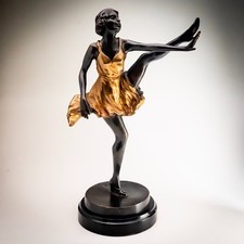 After Bruno Zach Art Deco Bronze Dancer Sculpture Marble Base Gilt Dress 34cm