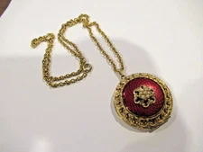 Vintage Victorian Revival gold plate Red Enamel Locket chain Necklace