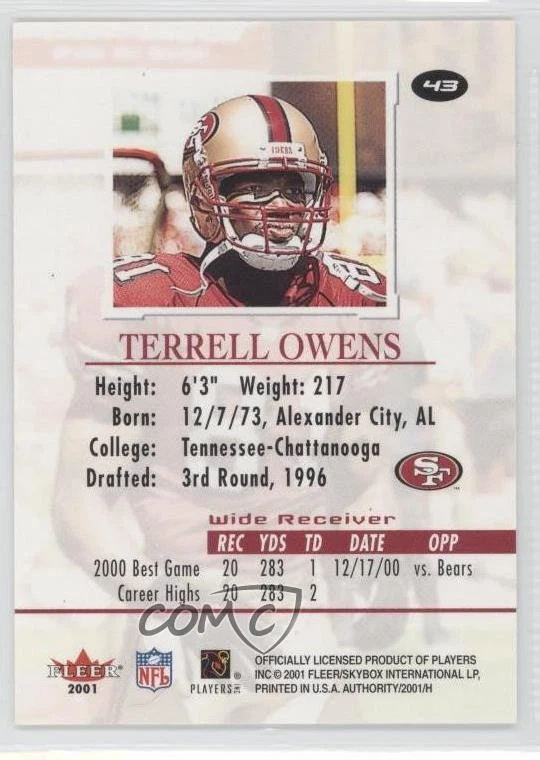 2001 Fleer Authority Terrell Owens #43 HOF - Image 2 of 2