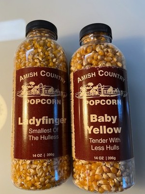 LOT of 2 Amish Country Ladyfinger / Baby Yellow Popcorn - 14 oz. Bottles
