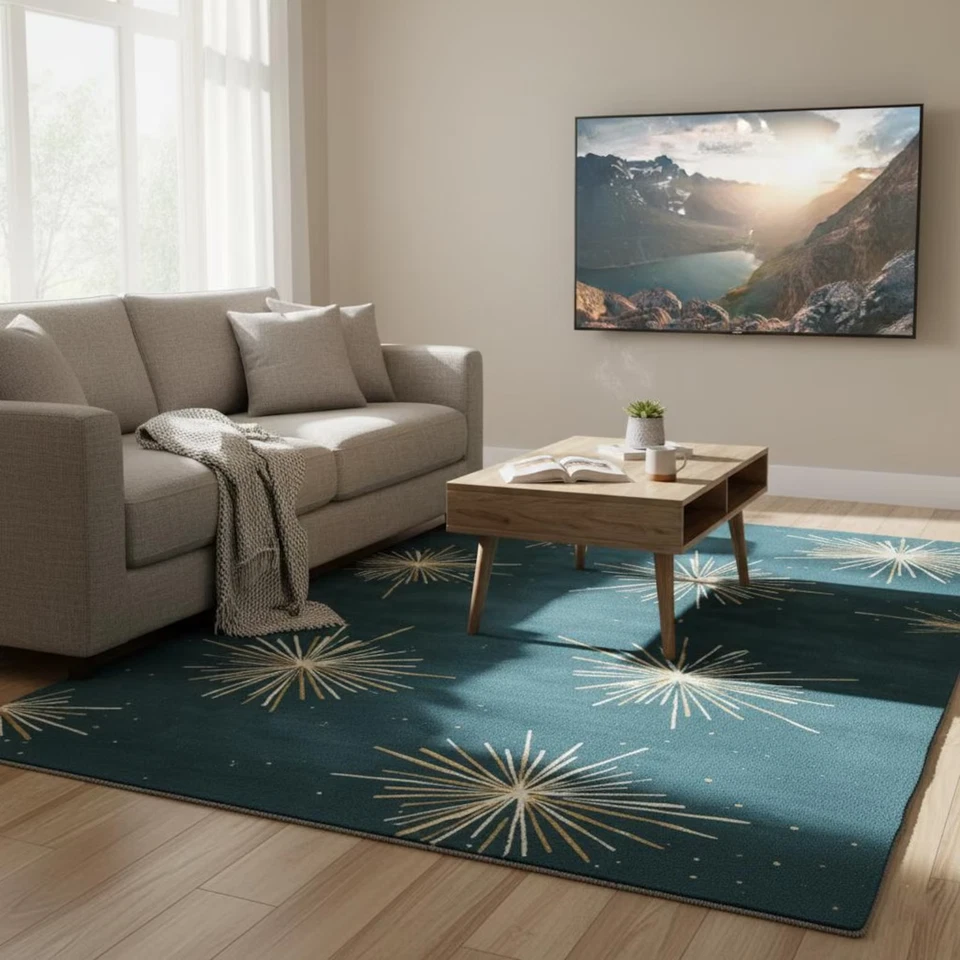Hand-Tufted Teal Wool Rug – Modern Starburst Living Room Carpet for living room - Image 2 of 4