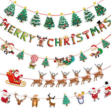 5Pcs Christmas Decor Banner Paper,Cute Merry Christmas Elks Santa Claus Hanging