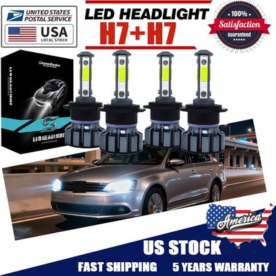 For Volkswagen Jetta 2005-2018 4X H7+H7 LED Headlight High/Low Bulbs Kit 6500K