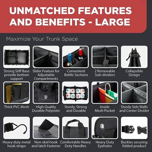  Trunk Organizer For Car, Suv, Truck | Premium Adjustable Multi Large Black - Image 2 of 4