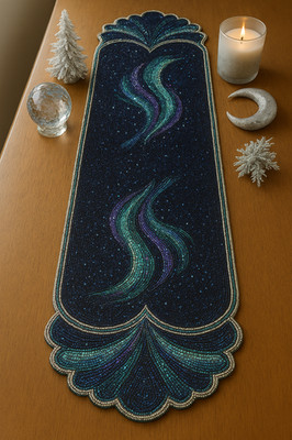 Celestial Aurora Borealis Beaded Table Runner - Midnight Blue & Teal