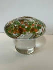 2016 Blenko Glass Glass Mushroom Paperweight Etched Mark Green Orange Gold Frit