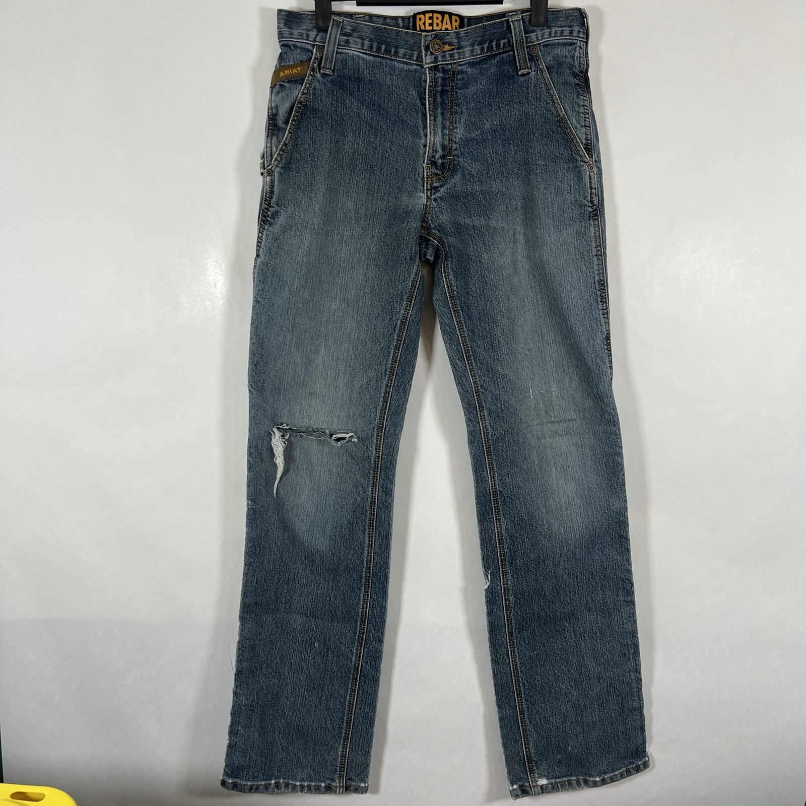 30x34 Blue Denim Distressed Knee Hole