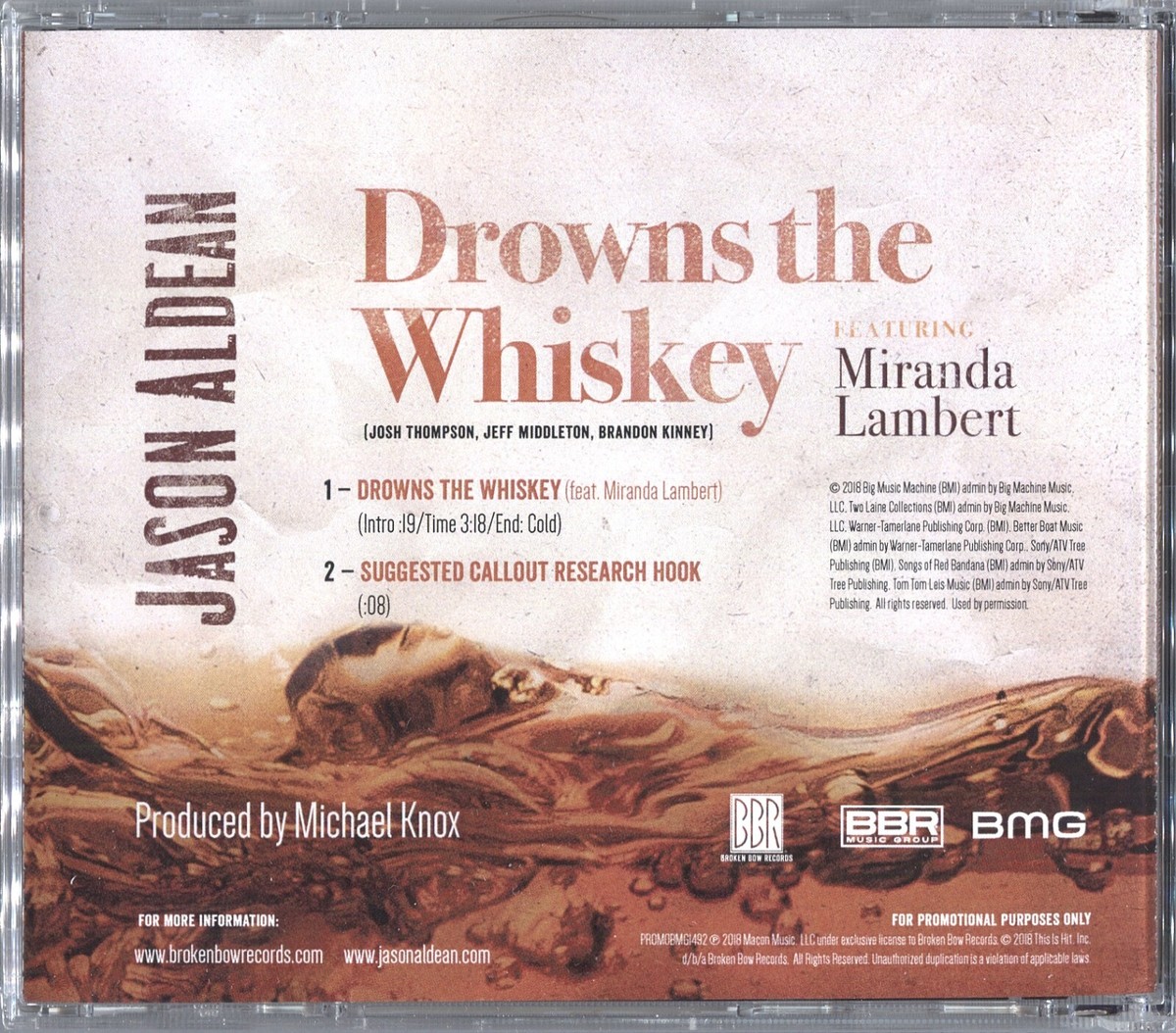 JASON ALDEAN Drowns the Whiskey (feat. MIRANDA LAMBERT) Promo CD