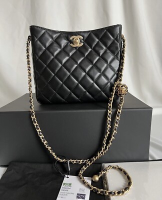 2022 Chanel Hobo Bag Shoulder / Crossbody  Black Lamb Skin Gold Ball Pearl Crush