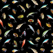 Forest Girls Gone Fishing Black Bait And Tackle Michael Miller 44" Wide BTY