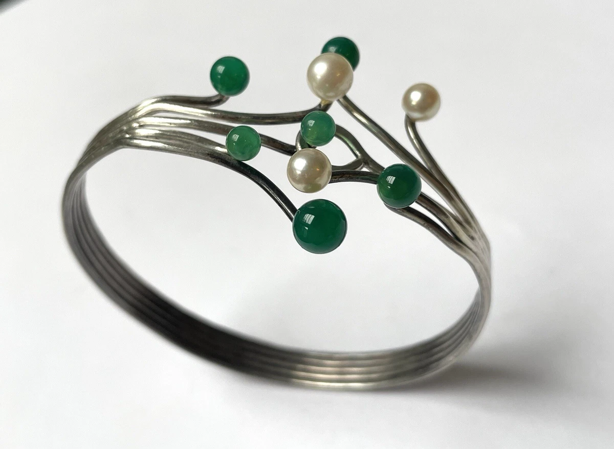 Bracelet Manchette Vintage En Alliage Gris Avec Pierres D'aventurine - 66 Grammes