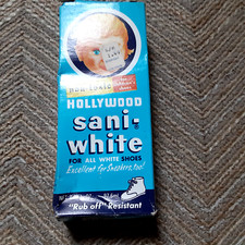 Vintage Hollywood Shoe Polish Sani White Box  Bottle 60 Full with new pad  