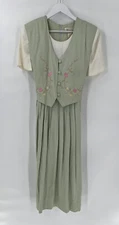 Allison-Che Vintage Dress Womens 14 Sage Green Pleated Floral Embroidered Vest