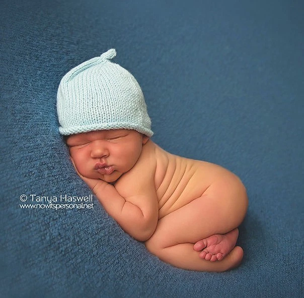 Hand Knitted Crochet Baby Hat Prop Bamboo Blue Boy Pixie Prem Early Newborn-6M