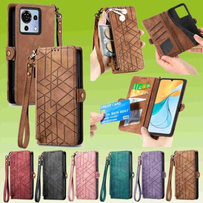Für Handy Modelle Geometric Schutz Kunstleder Zipper Wallet Tasche mit Schlaufe