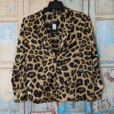 Fashion Nova Womens Large Brown Combo Animal Print Smooth Operator Satin Shirt