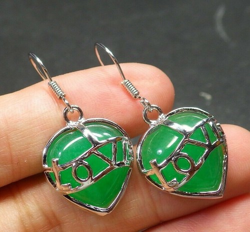 Genuine Green Jade Love Heart Yellow White Gold Plated Luck Hook Dangle Earrings - Picture 10 of 14