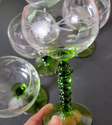 Vtg x5 avail WINE GOBLETS Green Ball Stem Glasses Grapes Etched Hand-Blown