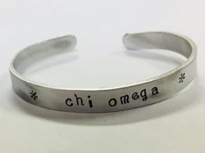 Chi Omega, Sorority Greek handstamped cuff bracelet, Ann Peden FREE SHIPPING