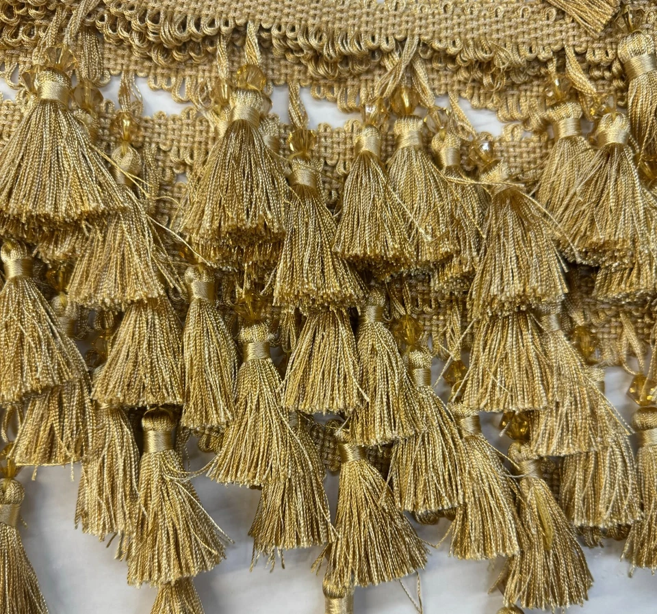 Borde de FRINGE con cuentas en (oro/verde) para cortinas y tapicería por yarda Foto 2 de 3