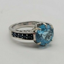 Size 6 Sterling Silver Ring Round Light Blue Stone Darker Blue Accent Stones