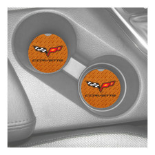 CORVETTE C6 CHEVY LOGO DIAMOND PLATE SANDSTONE CAR COASTER SET OF 2 ABSORBS