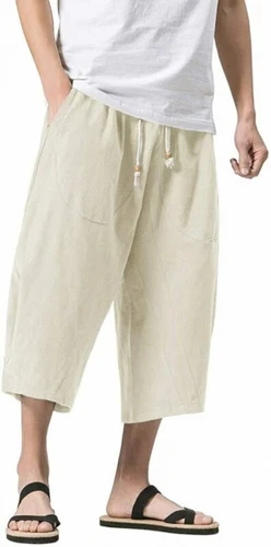 Pantalones capri holgados harén calce suelto cintura elástica 3/4 algodón lino para hombre - Imagen 3 de 24