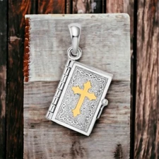 925 Sterling Silver Religious 3D Bible Book Charm Pendant, 14k Gold Cross, Pages