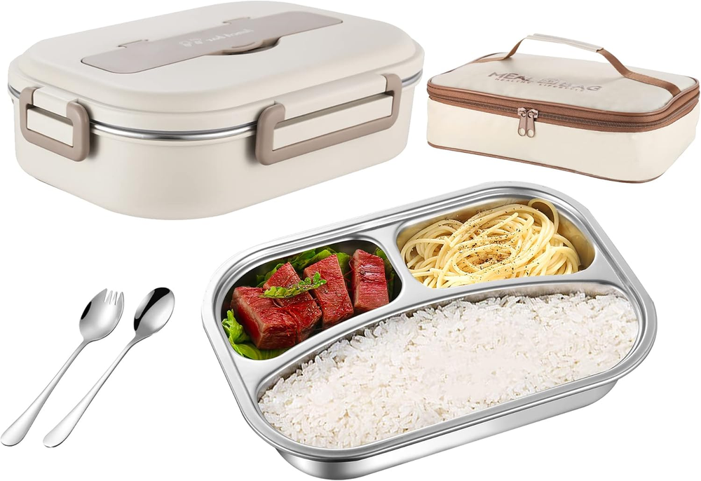 1000ml Stainless Steel 3-Compartment Bento Lunch Box Portable Versatile