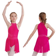 Kids Girls Dancewear Rhinestones Lyrical Dance Dresses Glittery Leotard Dress