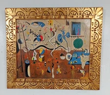 GREAT JOAN MIRO OIL ON CANVAS DATED 1960 WITH FRAME IN GOLDEN LEAF NICE GOOD C.