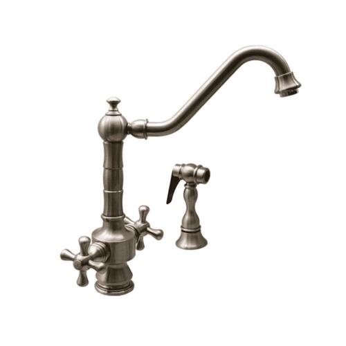 Whitehaus Vintage III Long Spout Side Sprayer Kitchen Faucet in Brushed Nickel