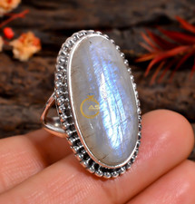Blue Moonstone Ring 925 Sterling Silver Handmade Statement Boho Rings Jewelry
